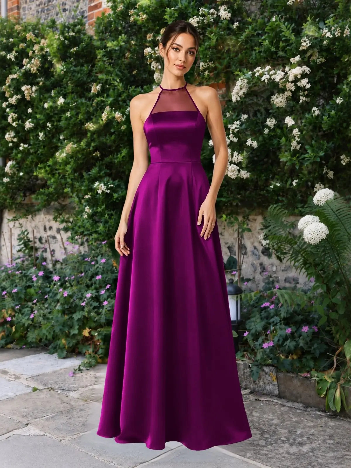 Satin Bridesmaid Dress with Illusion Halter Neck 