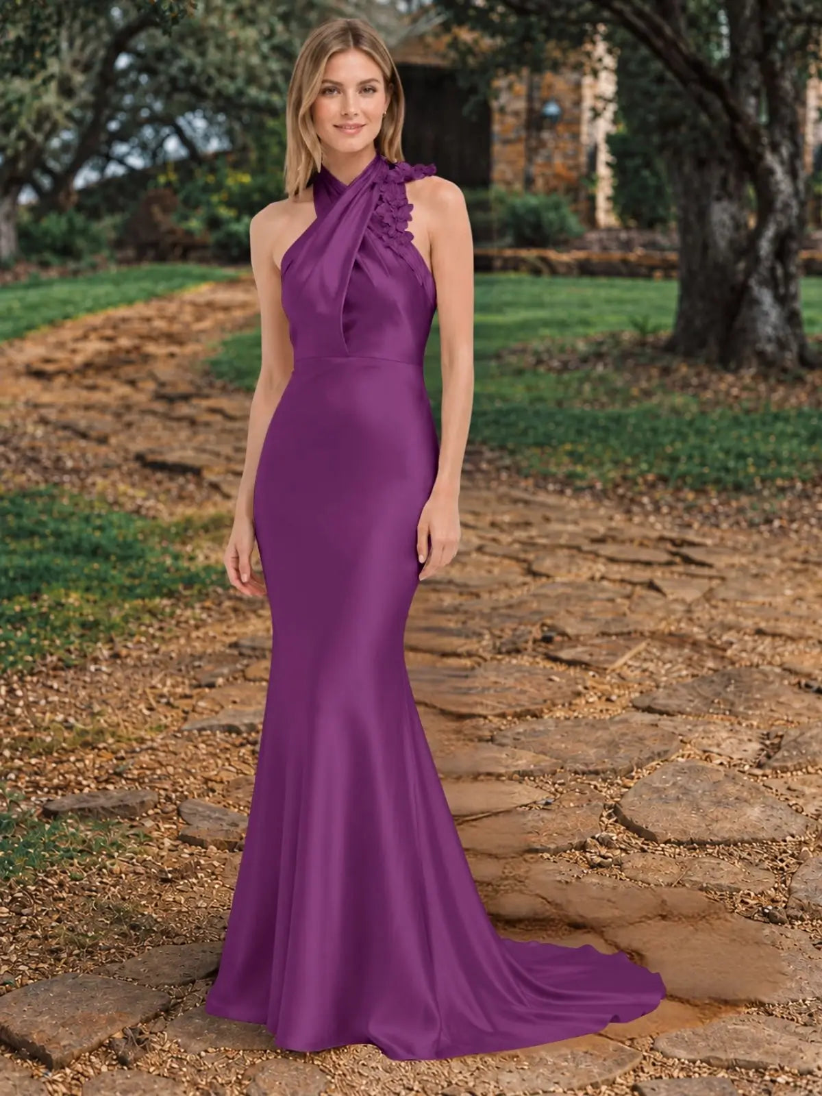 Silk-like Bridesmaid Dress with 3D Floral 