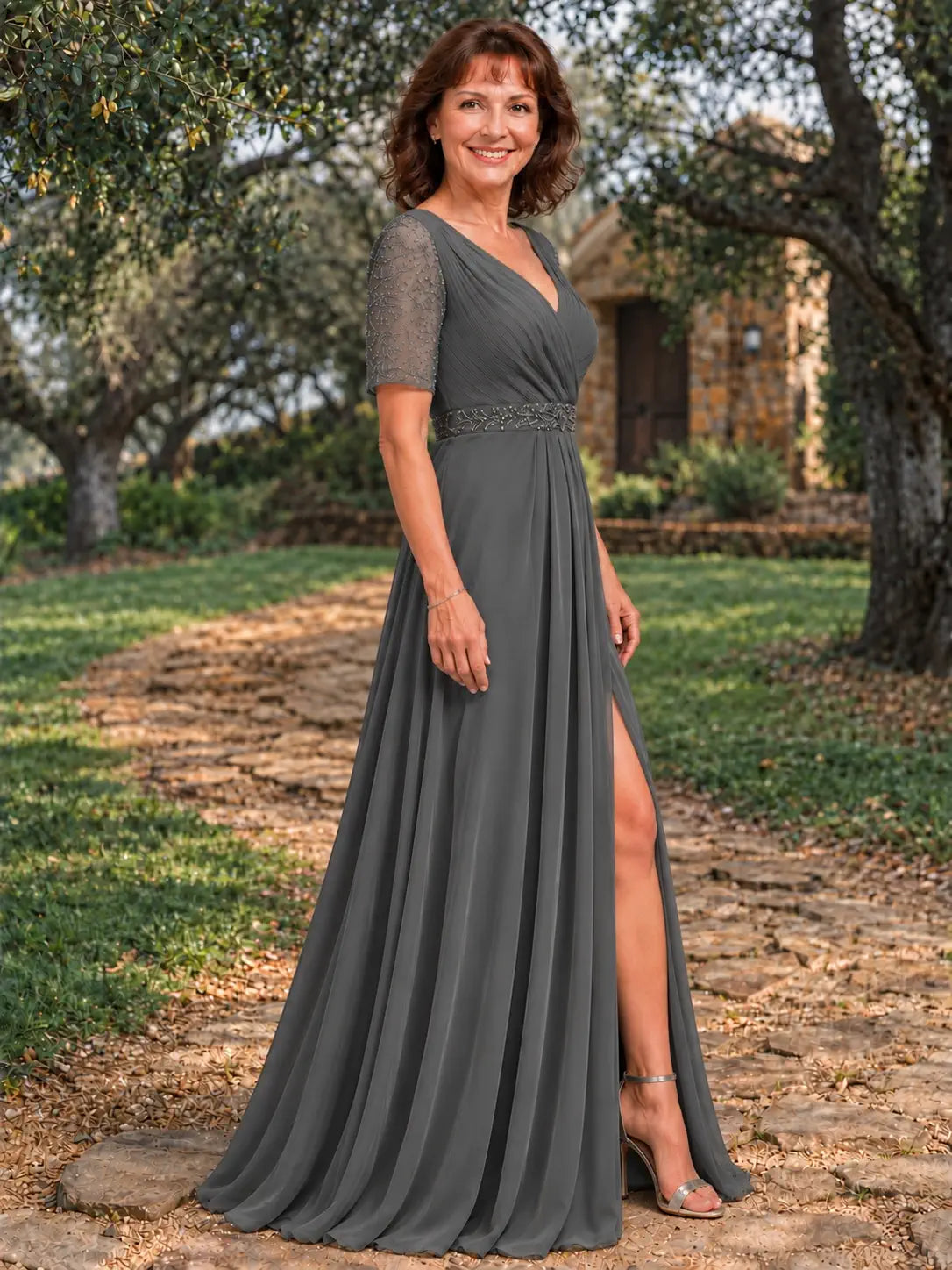 Surplice Neckline Mother of the Bride Dress with Slit
