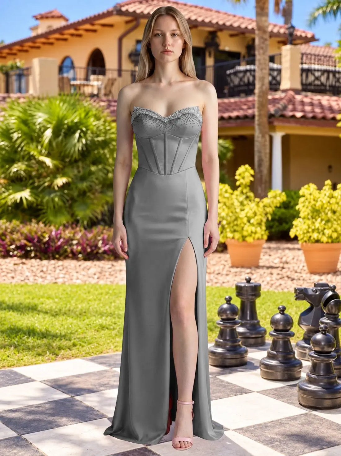 Beaded High Slit Prom Dress 