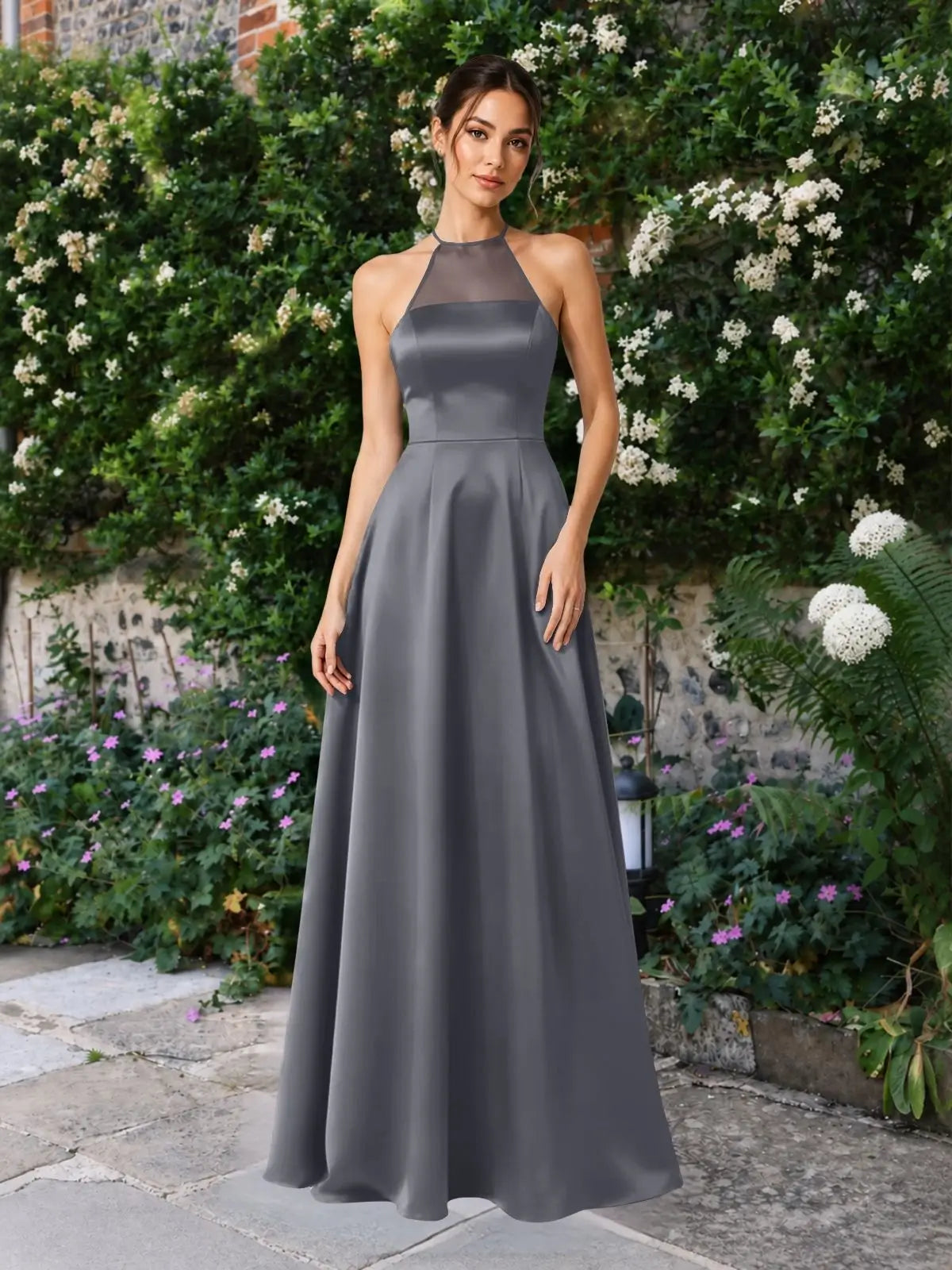Satin Bridesmaid Dress with Illusion Halter Neck 