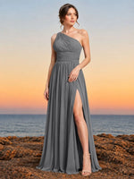 Chiffon Bridesmaid Dress with One-Shoulder Neckline 