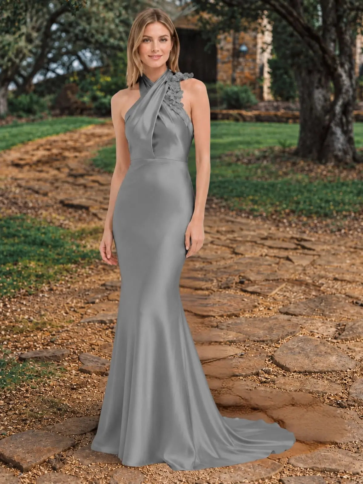 Silk-like Bridesmaid Dress with 3D Floral 