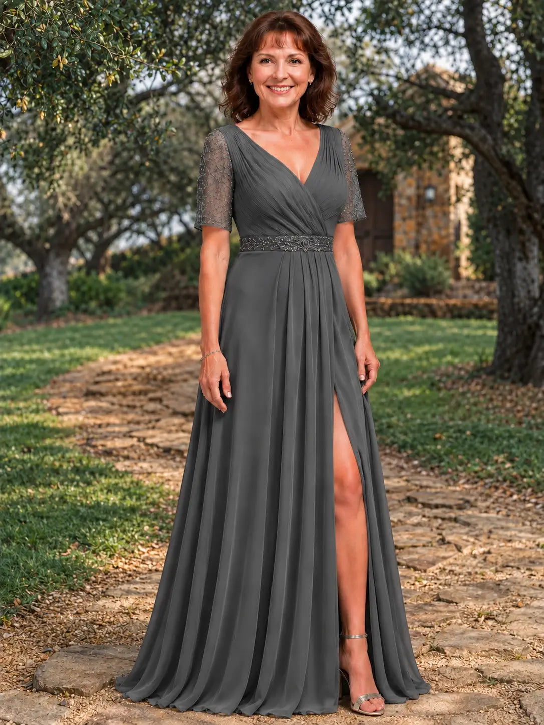 Surplice Neckline Mother of the Bride Dress with Slit 