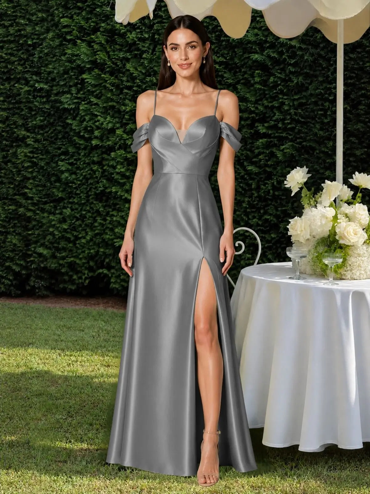 Silk-like Bridesmaid Dress with Cold Neckline 