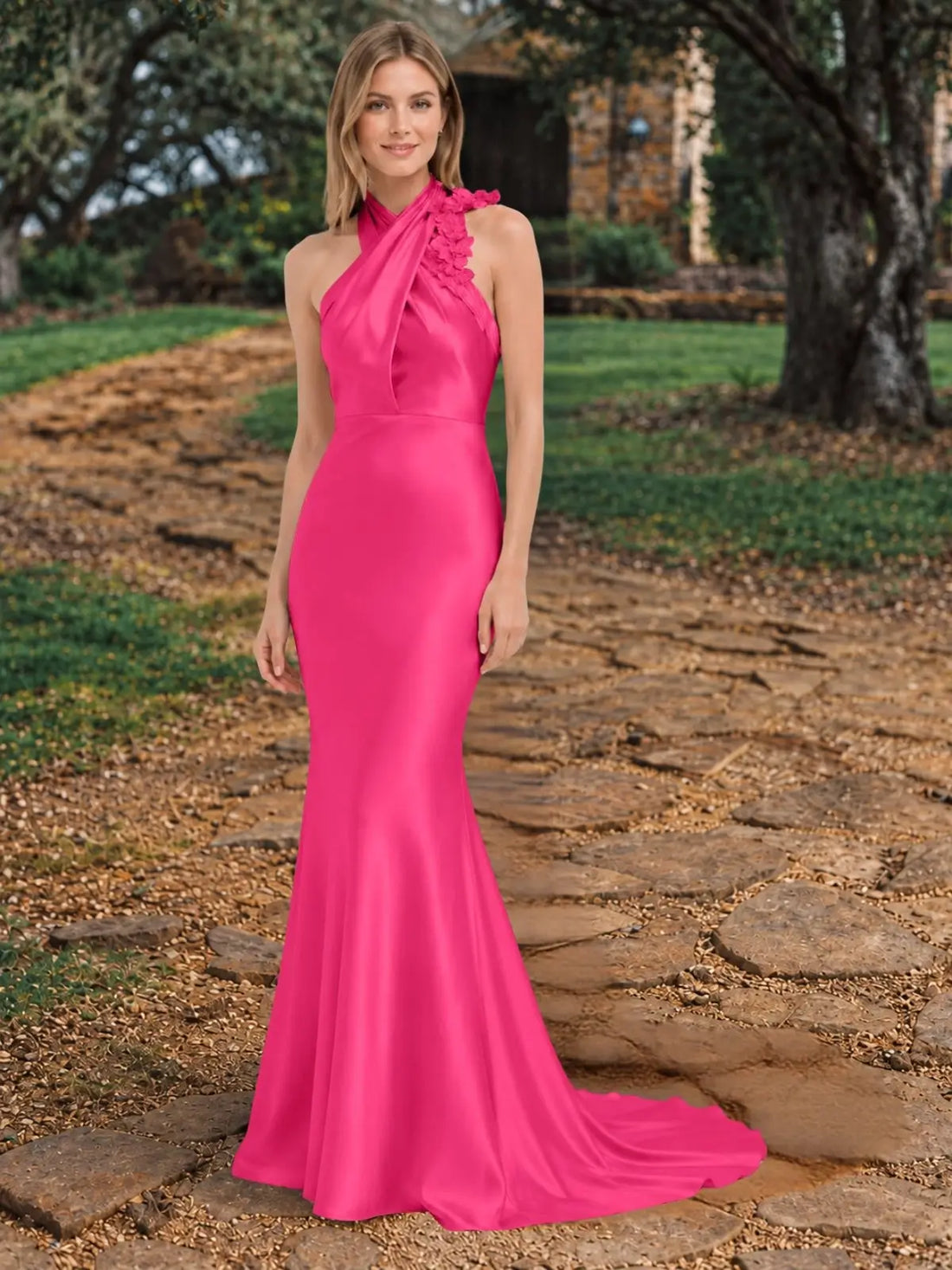 Silk-like Bridesmaid Dress with 3D Floral 