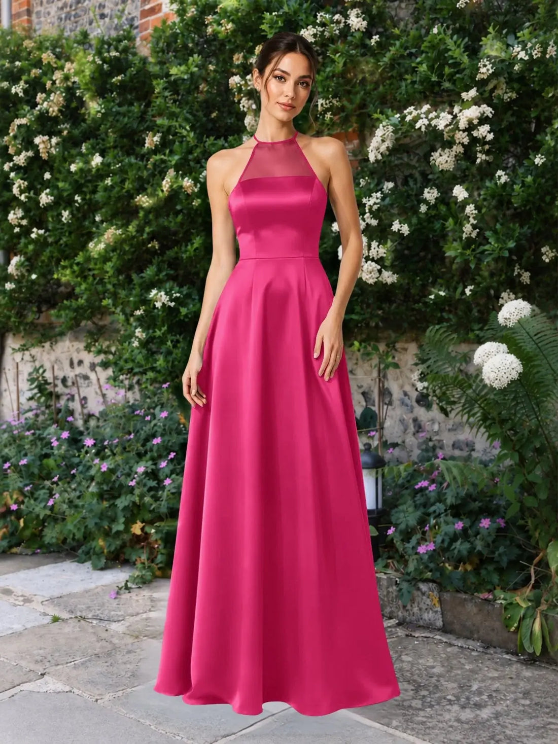 Satin Bridesmaid Dress with Illusion Halter Neck 