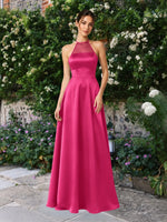 Satin Bridesmaid Dress with Illusion Halter Neck 