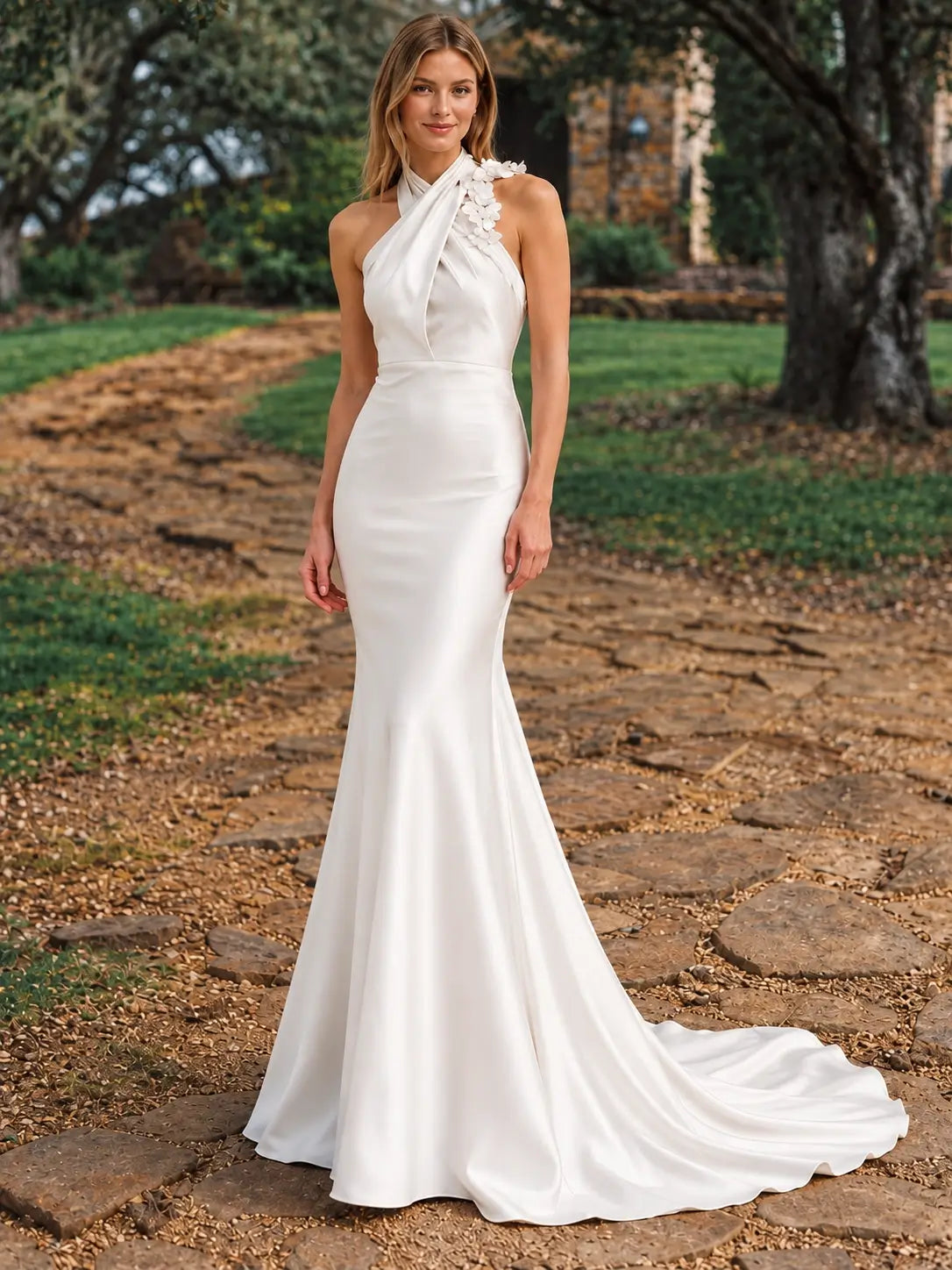 Silk-like Bridesmaid Dress with 3D Floral 