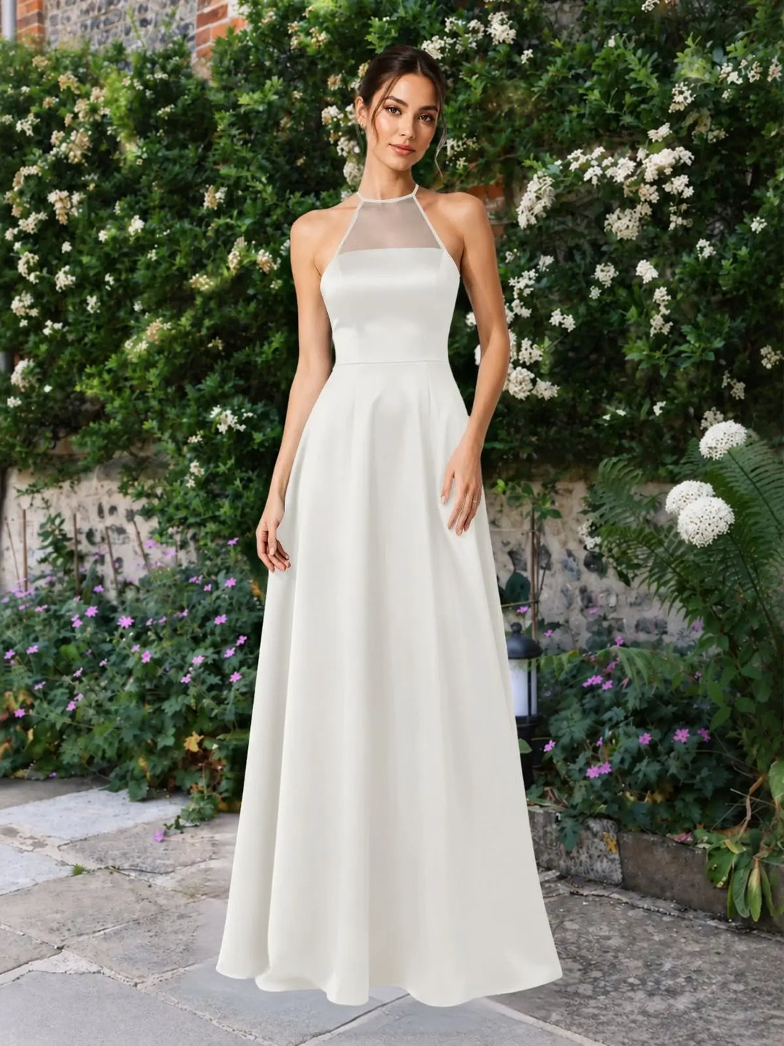Satin Bridesmaid Dress with Illusion Halter Neck 