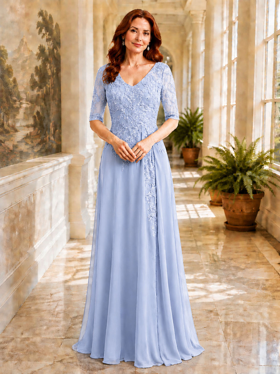 Applique V-Neck Chiffon Dress 