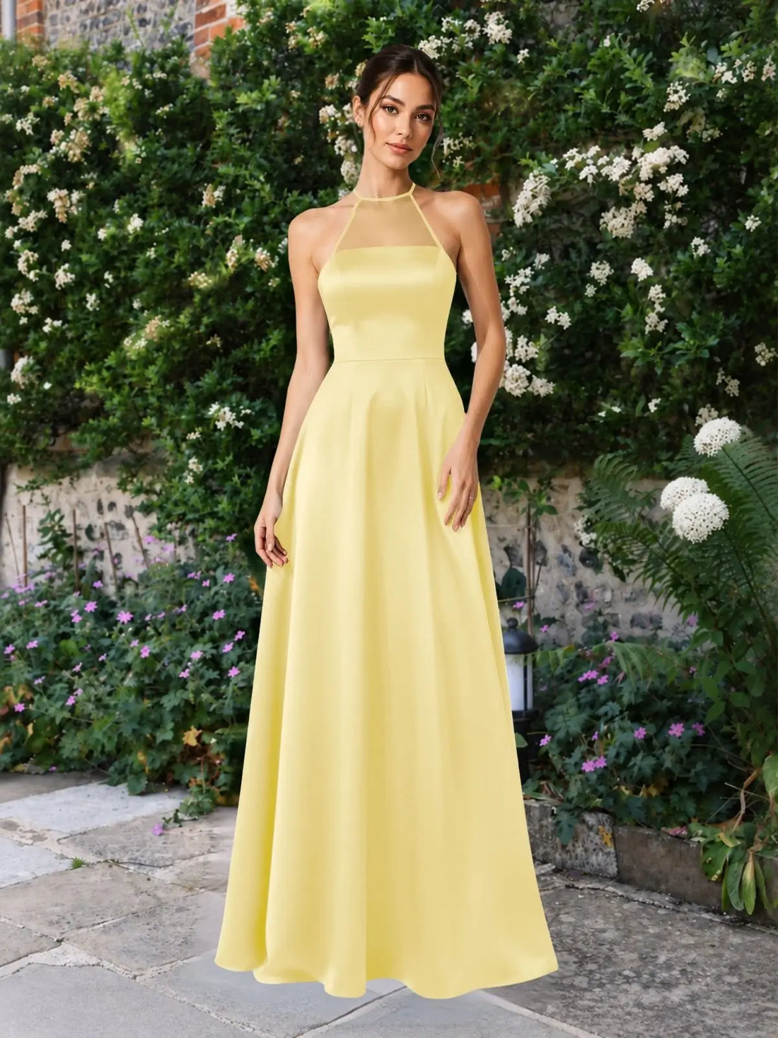 Satin Bridesmaid Dress with Illusion Halter Neck 
