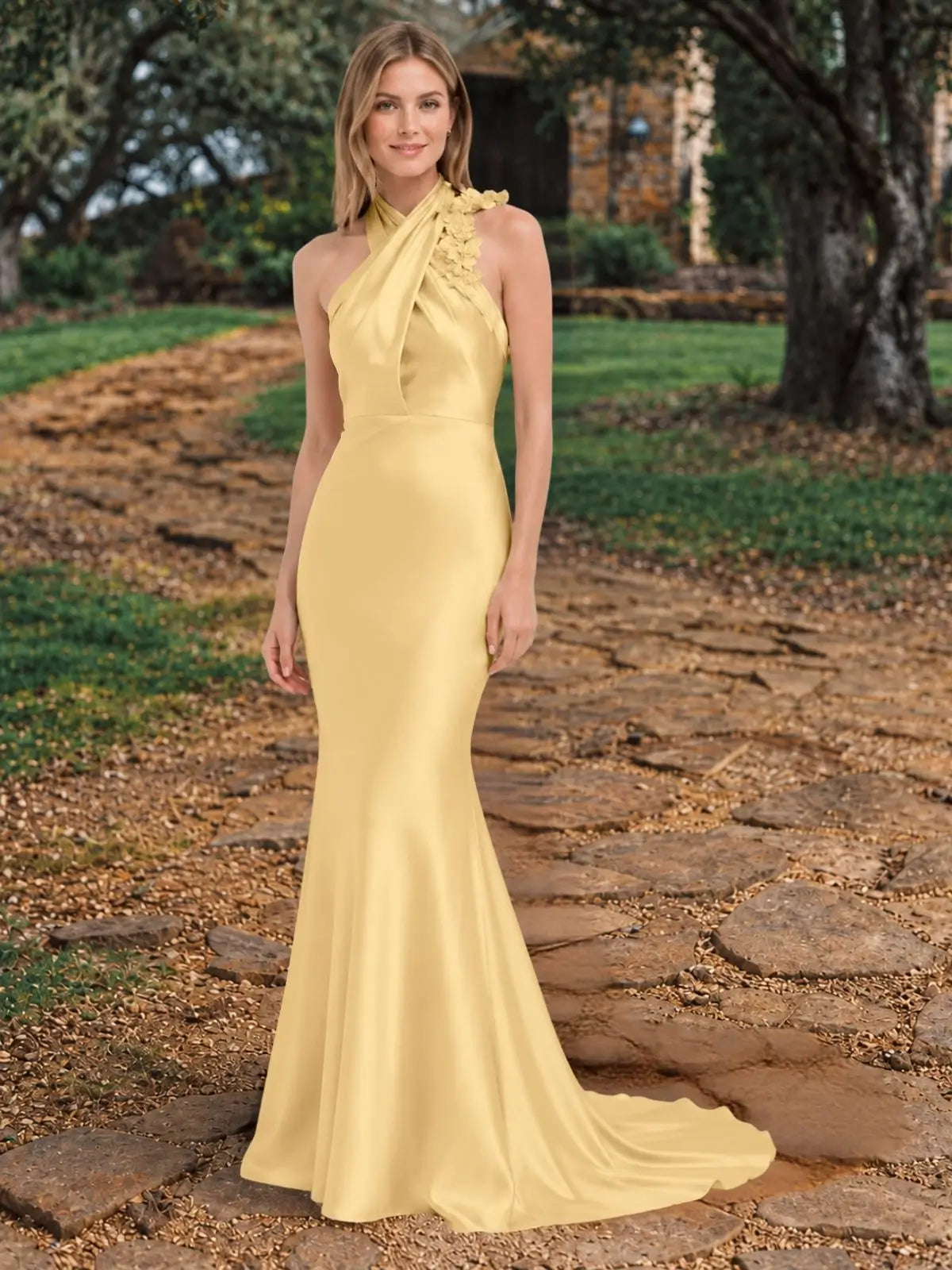 Silk-like Bridesmaid Dress with 3D Floral 