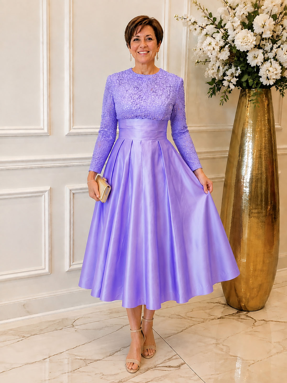 Sequined Boat Long Sleeves Dress 