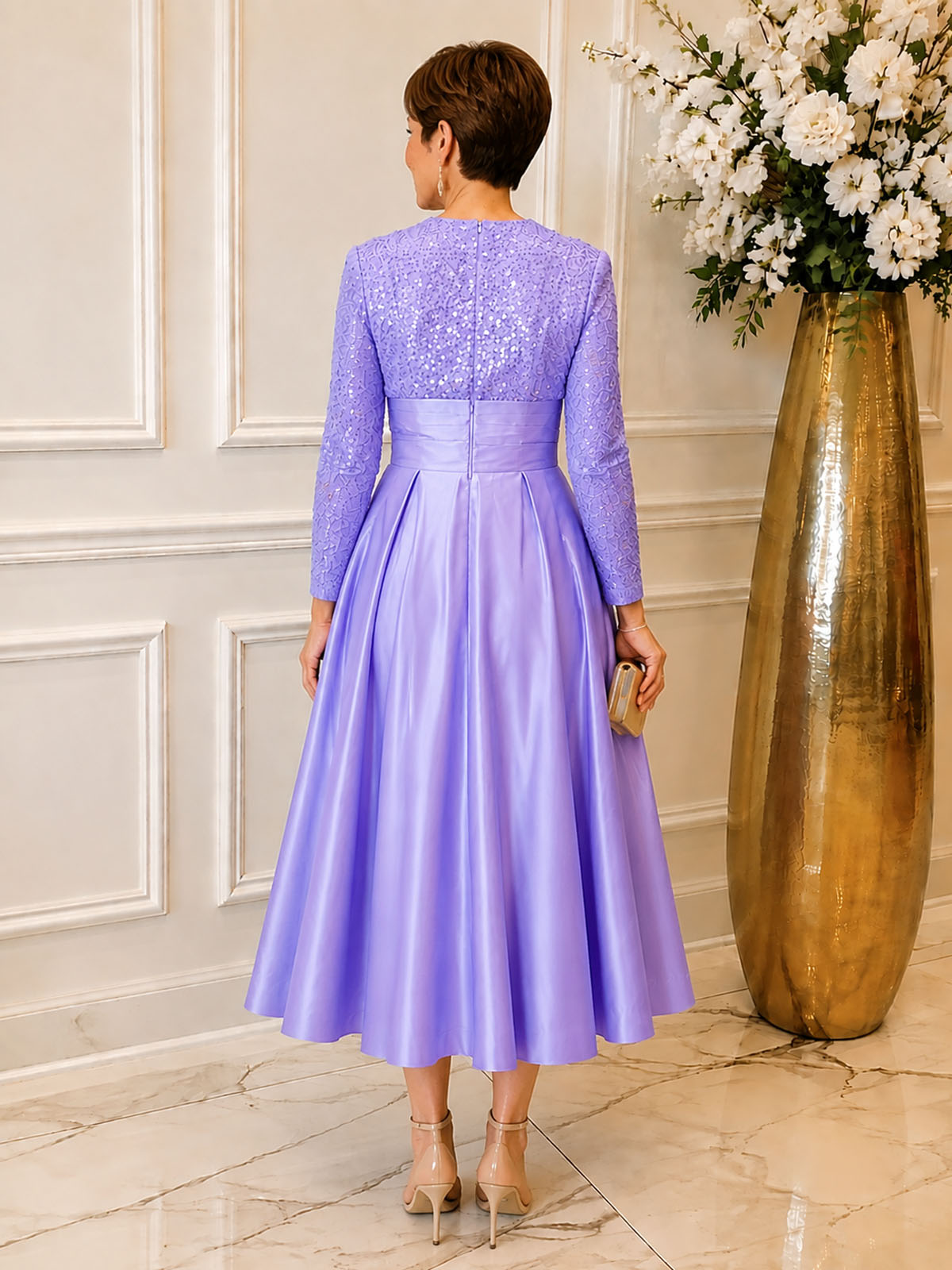 Sequined Boat Long Sleeves Dress 