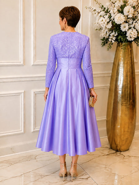 Sequined Boat Long Sleeves Dress 