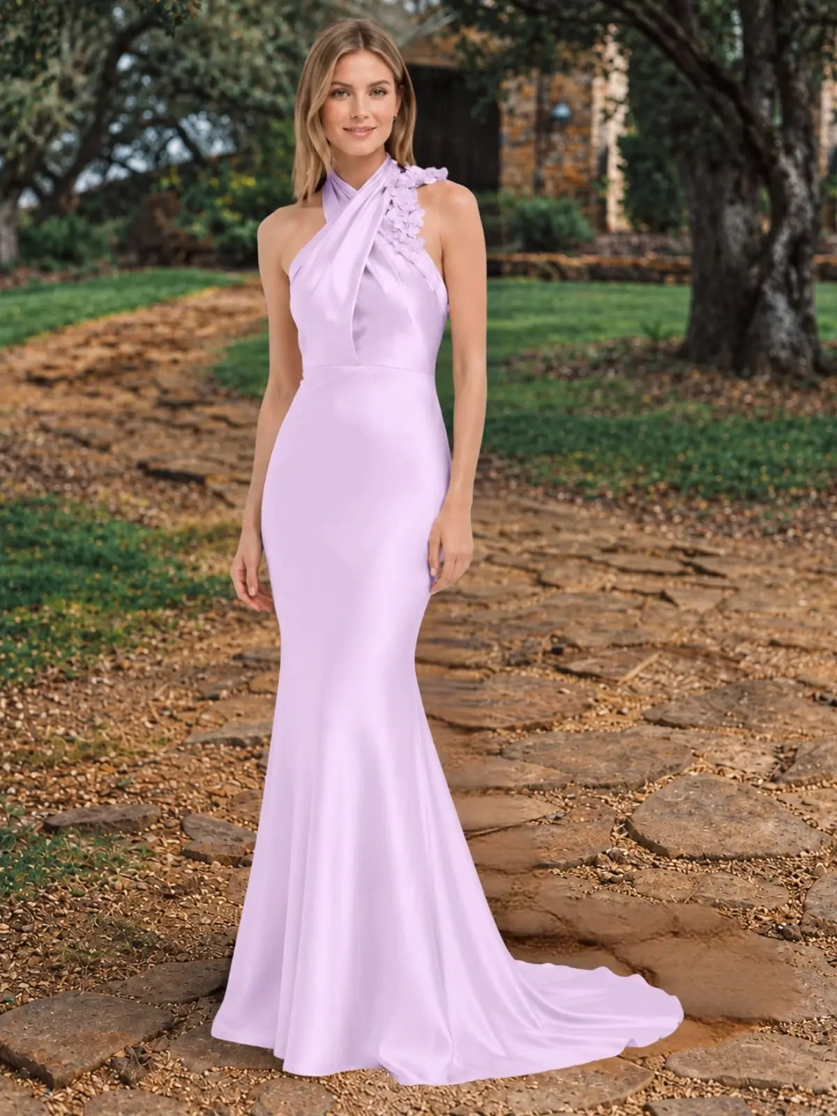 Silk-like Bridesmaid Dress with 3D Floral 