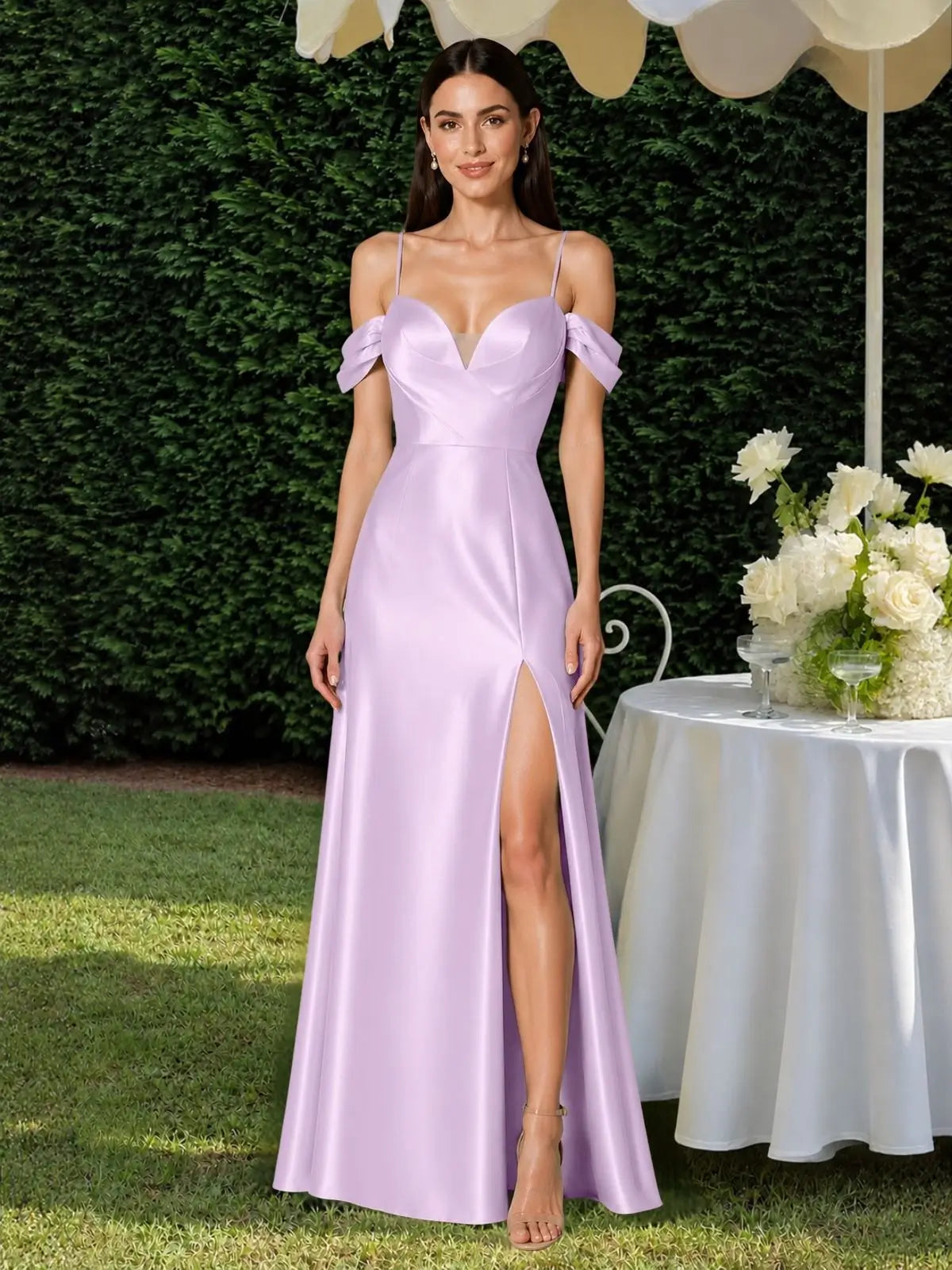 Silk-like Bridesmaid Dress with Cold Neckline 