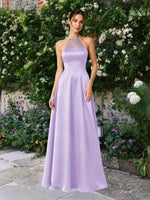 Satin Bridesmaid Dress with Illusion Halter Neck 