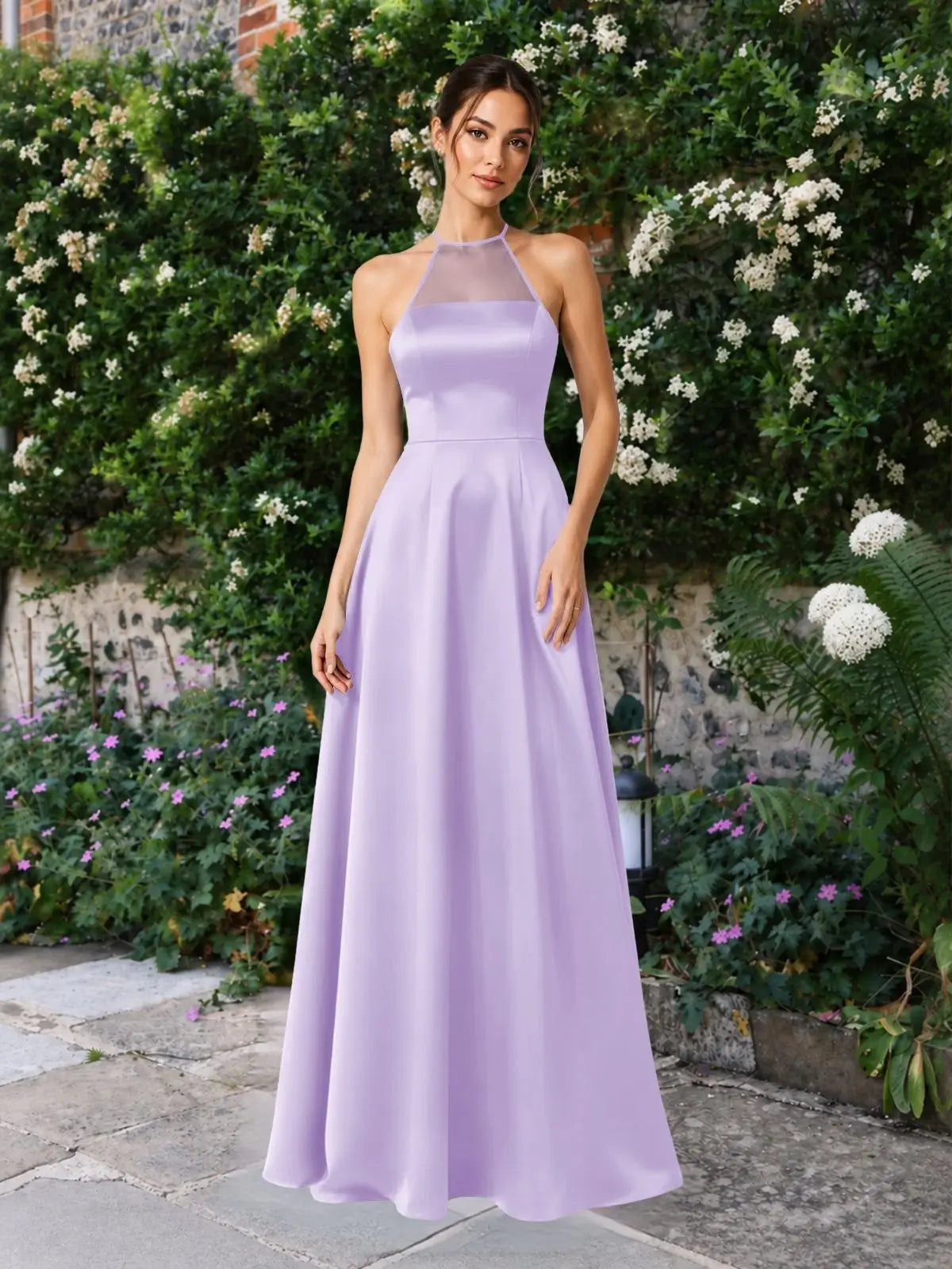 Satin Bridesmaid Dress with Illusion Halter Neck 
