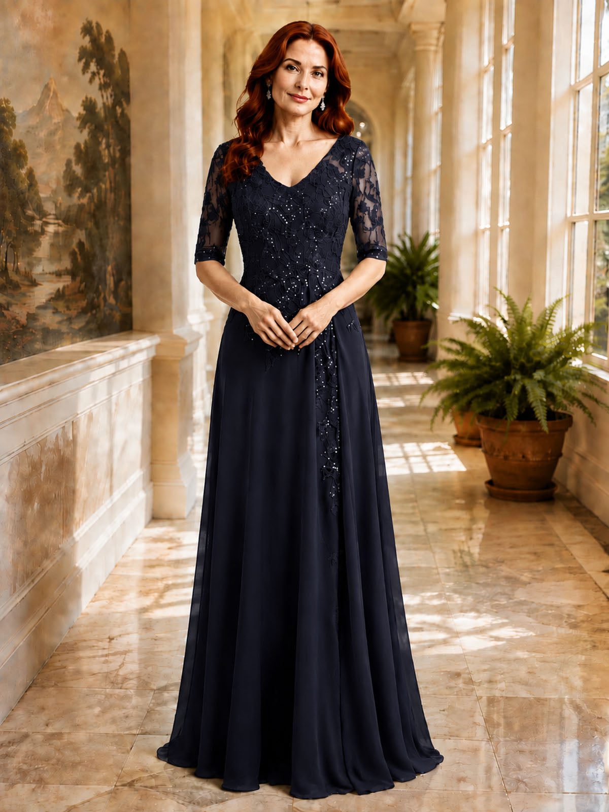 Applique V-Neck Chiffon Dress 