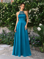 Satin Bridesmaid Dress with Illusion Halter Neck 