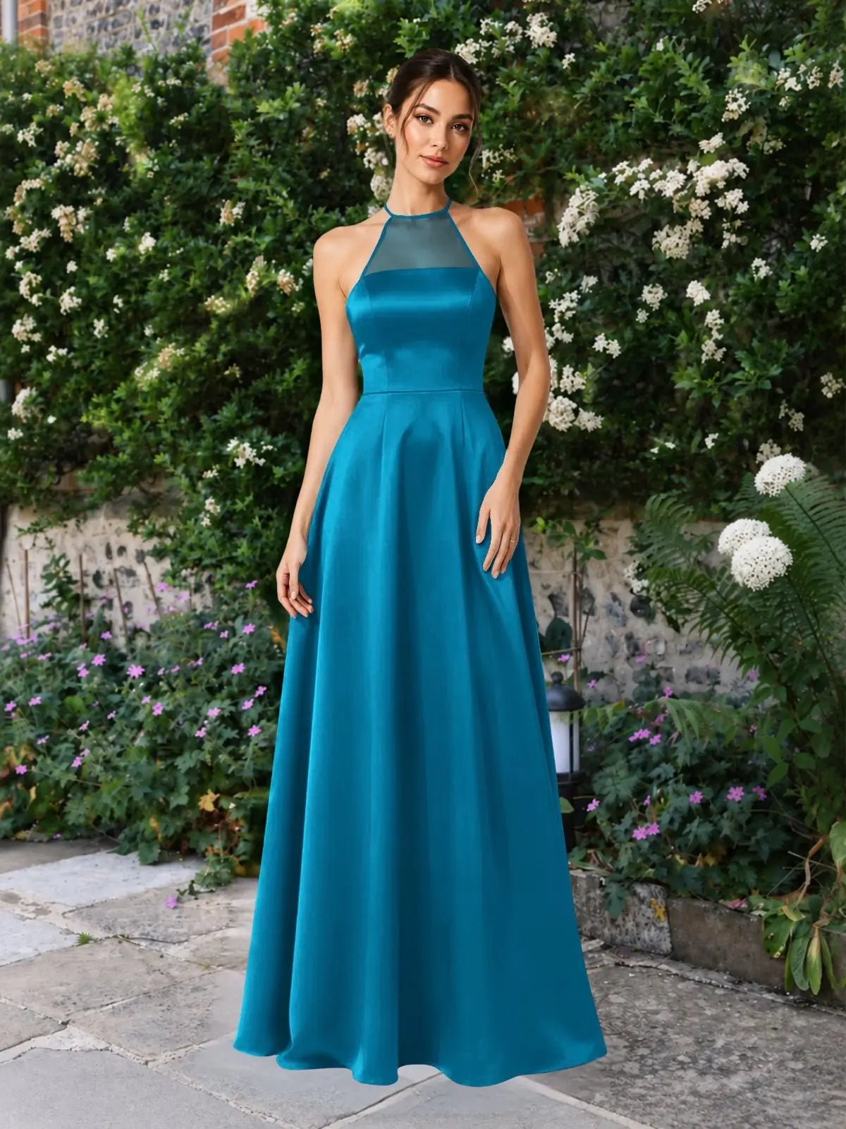 Satin Bridesmaid Dress with Illusion Halter Neck 