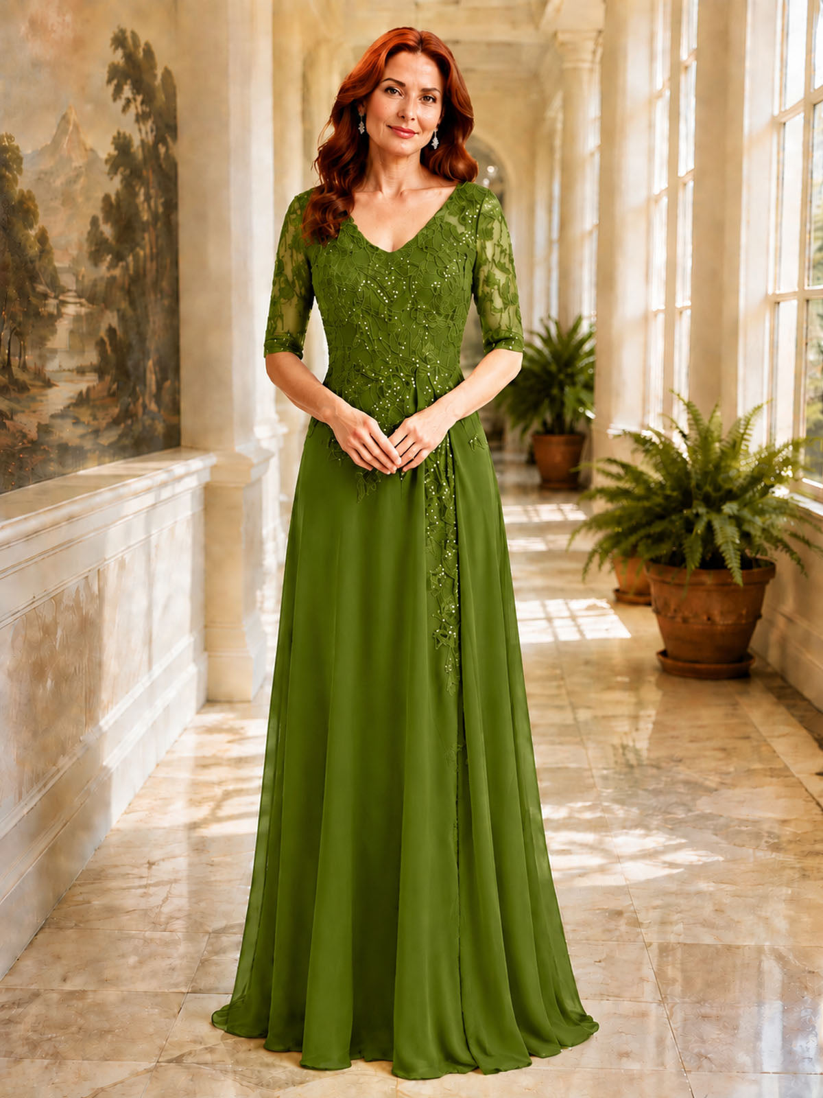 Applique V-Neck Chiffon Dress 