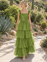 Ruffled Strap Tiered Tulle Bridesmaid Dress 