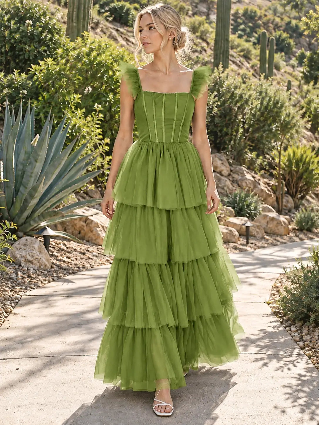 Ruffled Strap Tiered Tulle Bridesmaid Dress 
