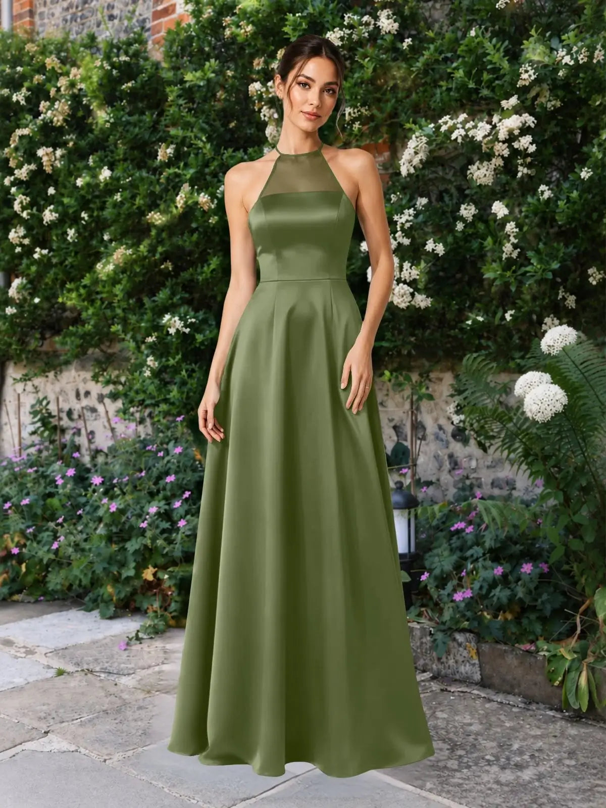 Satin Bridesmaid Dress with Illusion Halter Neck 