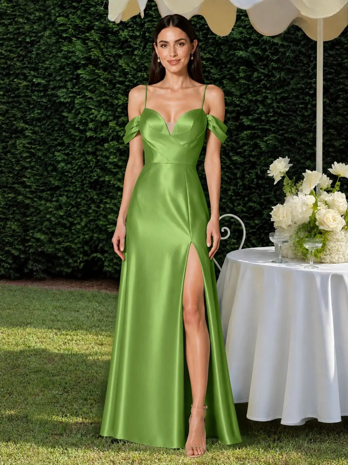 Silk-like Bridesmaid Dress with Cold Neckline 