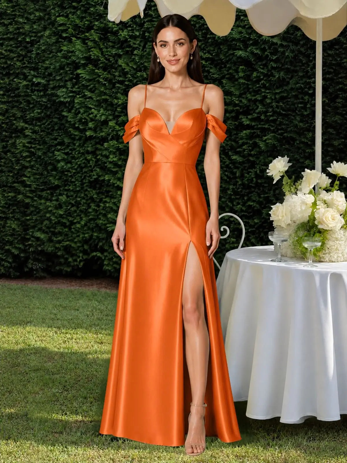 Silk-like Bridesmaid Dress with Cold Neckline 