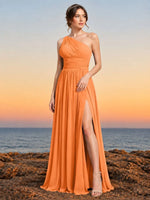 Chiffon Bridesmaid Dress with One-Shoulder Neckline 