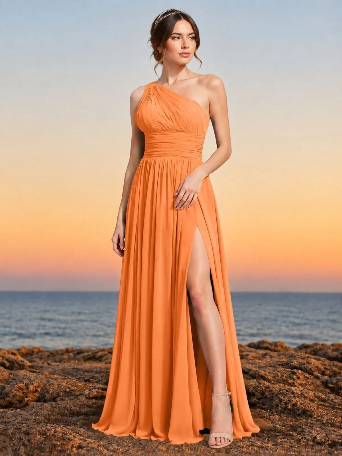 Chiffon Bridesmaid Dress with One-Shoulder Neckline 