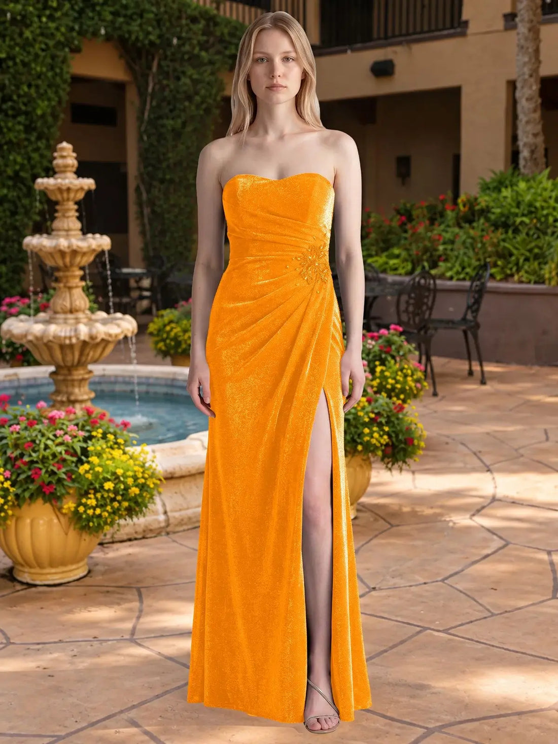 Velvet Prom Dress with Beaded Applique 