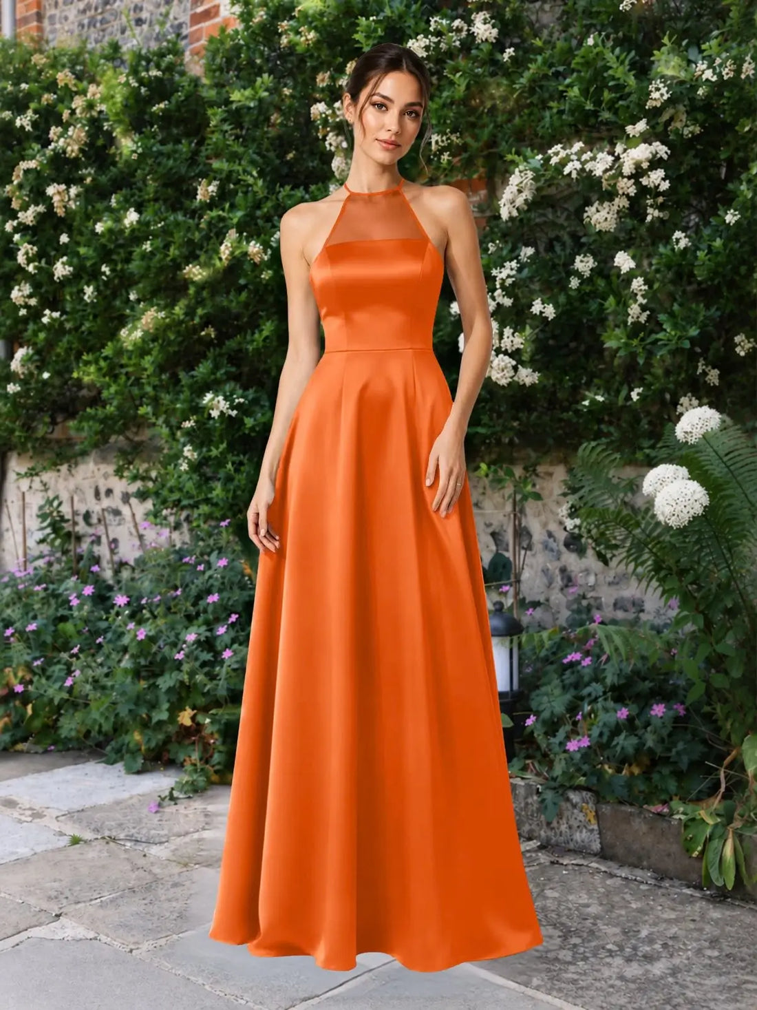 Satin Bridesmaid Dress with Illusion Halter Neck 