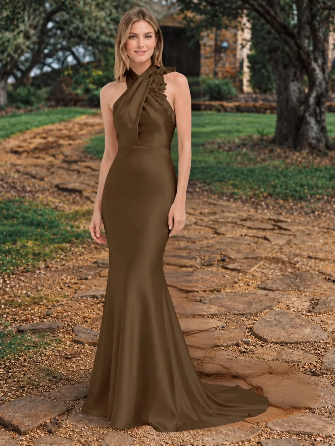 Silk-like Bridesmaid Dress with 3D Floral 