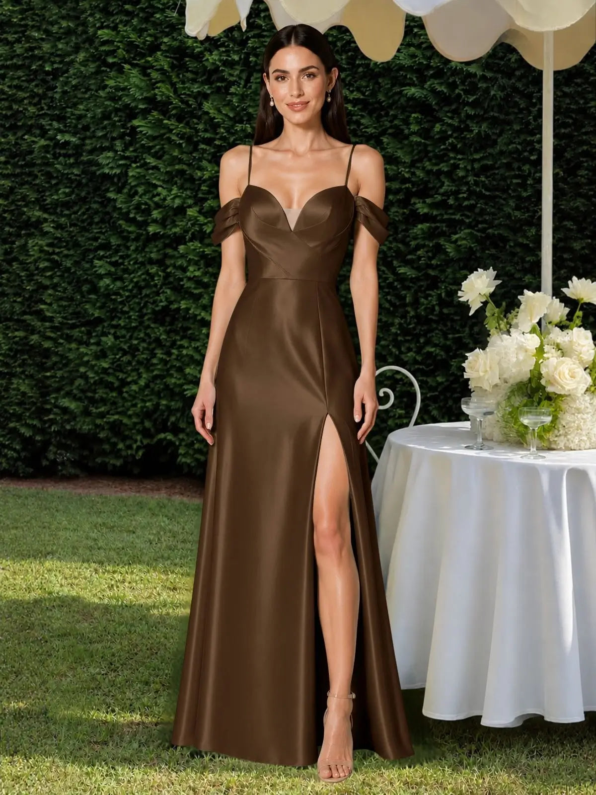 Silk-like Bridesmaid Dress with Cold Neckline 