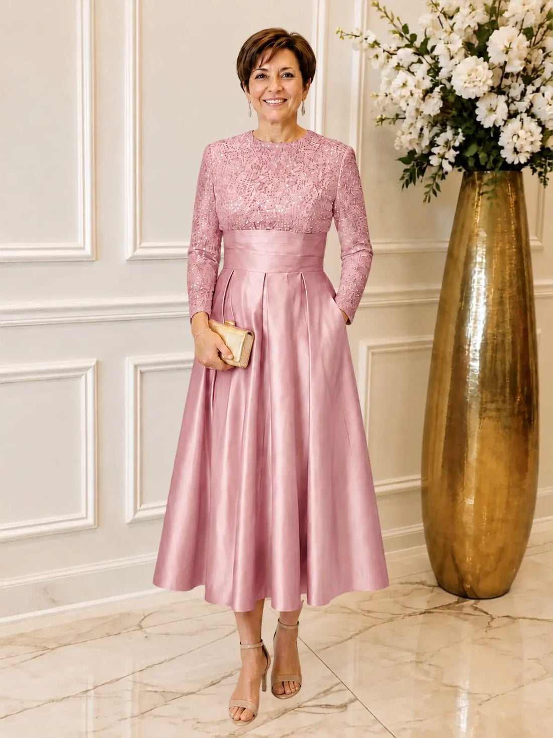 Sequined Boat Long Sleeves Dress 
