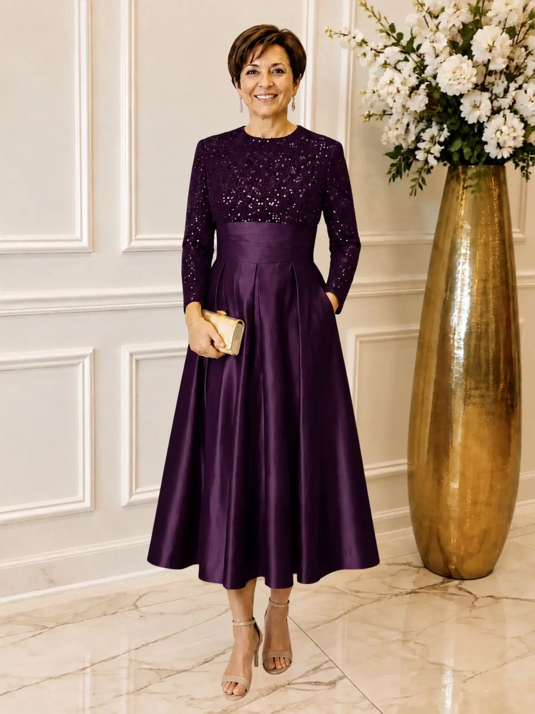 Sequined Boat Long Sleeves Dress 
