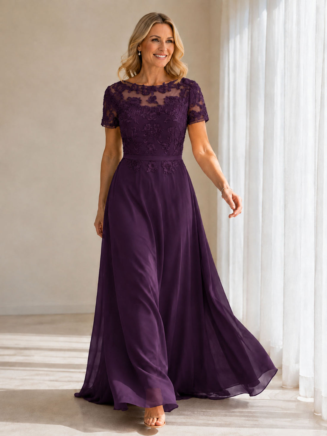 Illusion Applique Chiffon Dress 