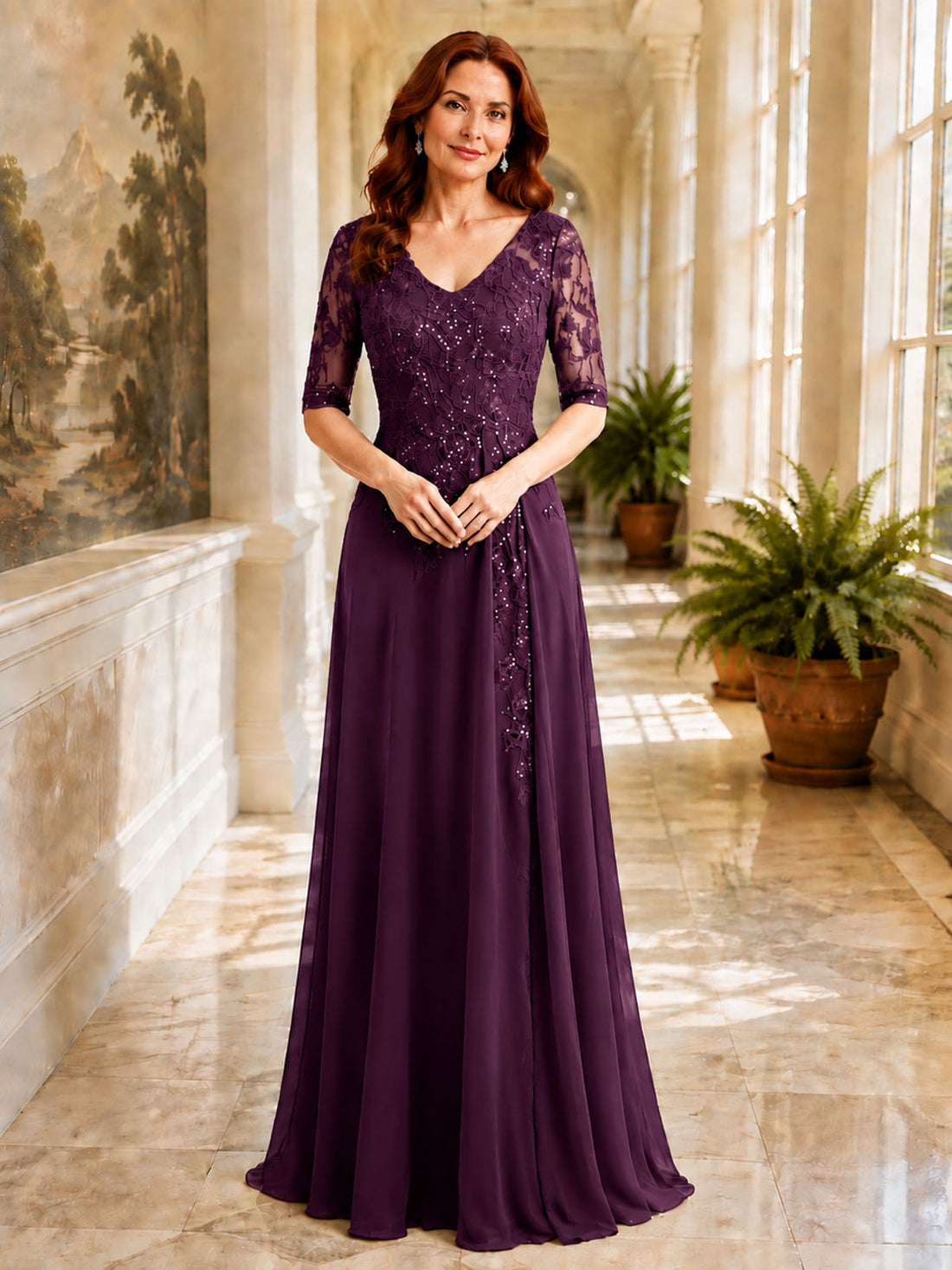 Applique V-Neck Chiffon Dress 