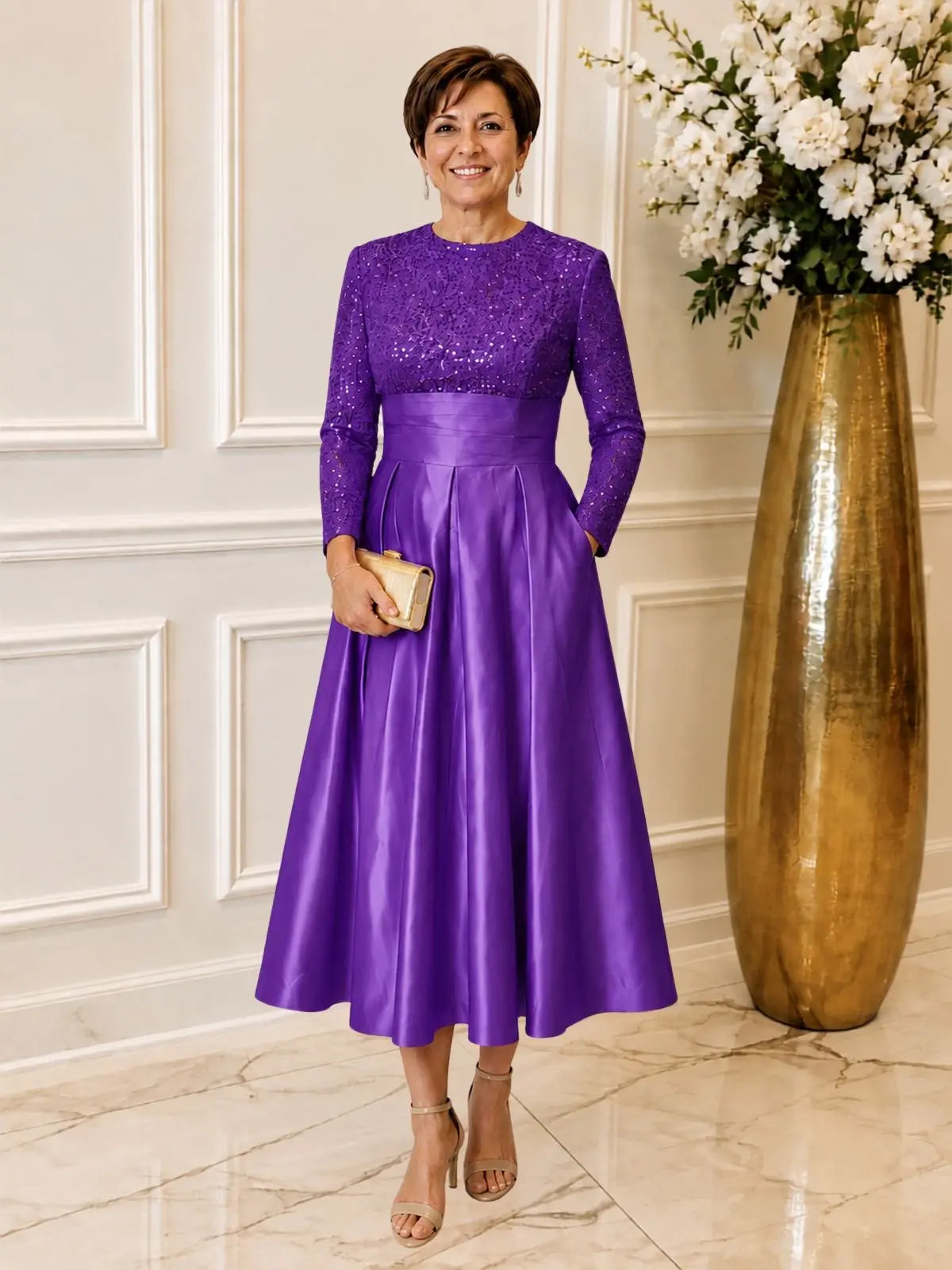 Sequined Boat Long Sleeves Dress 