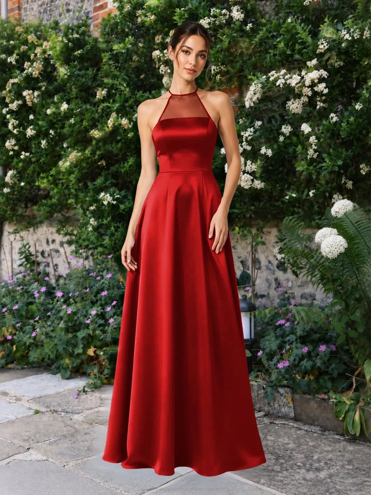 Satin Bridesmaid Dress with Illusion Halter Neck 