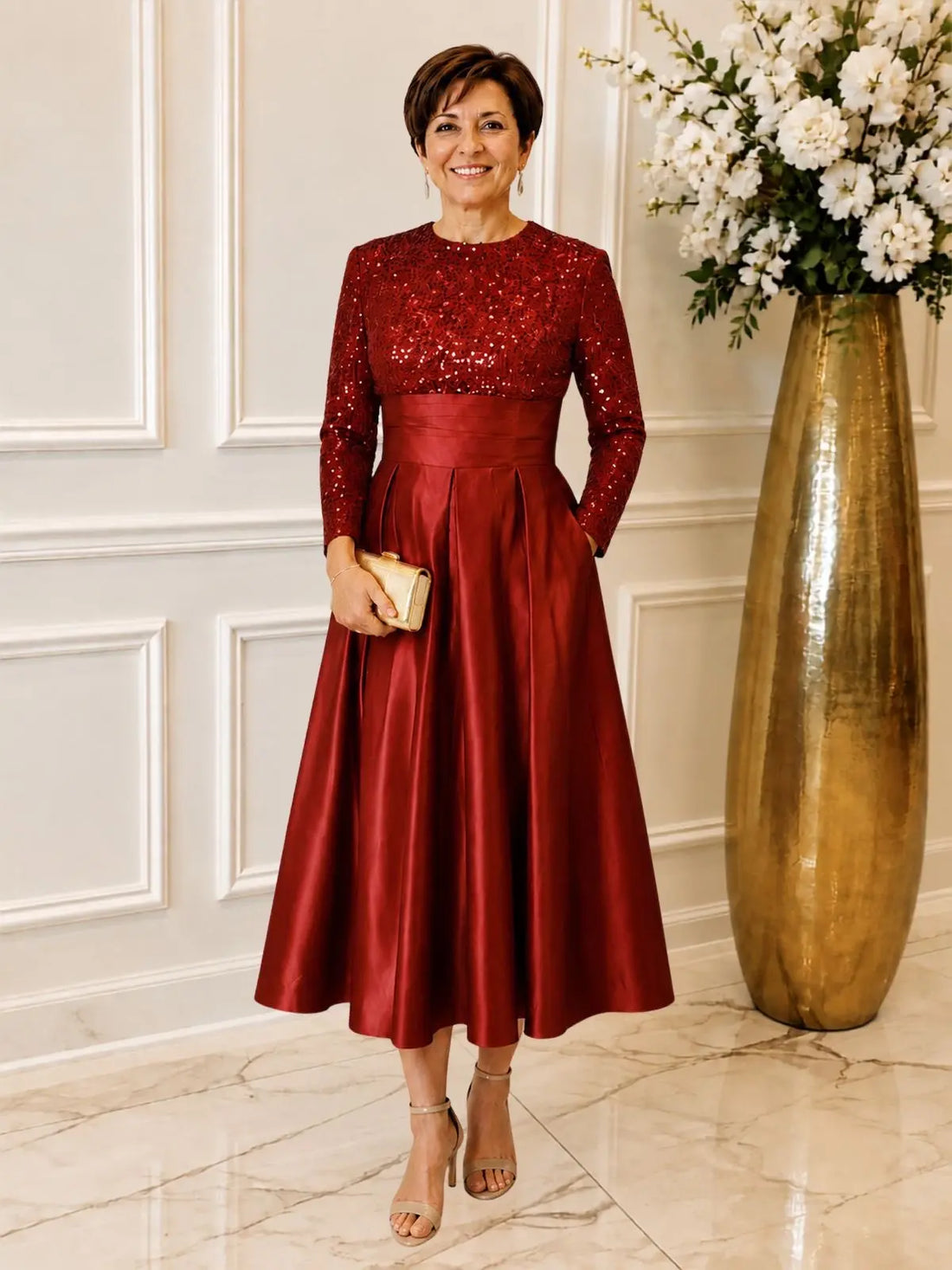 Sequined Boat Long Sleeves Dress 