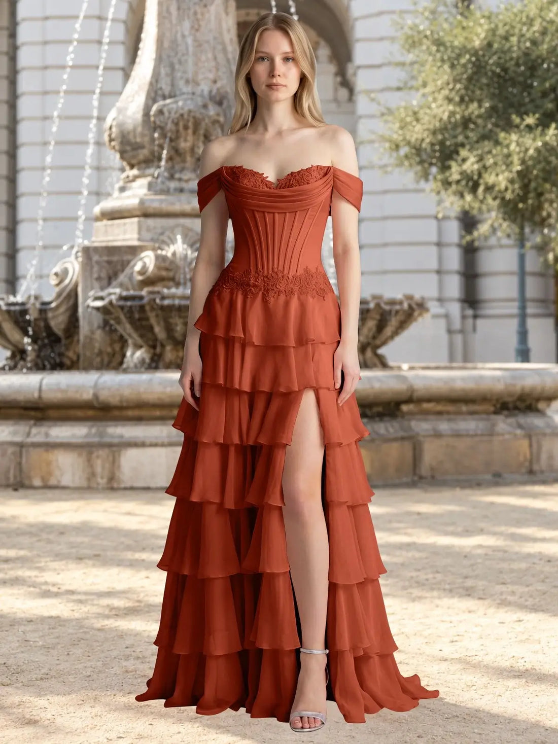 Tiered Off The Shoulder Prom Dress 