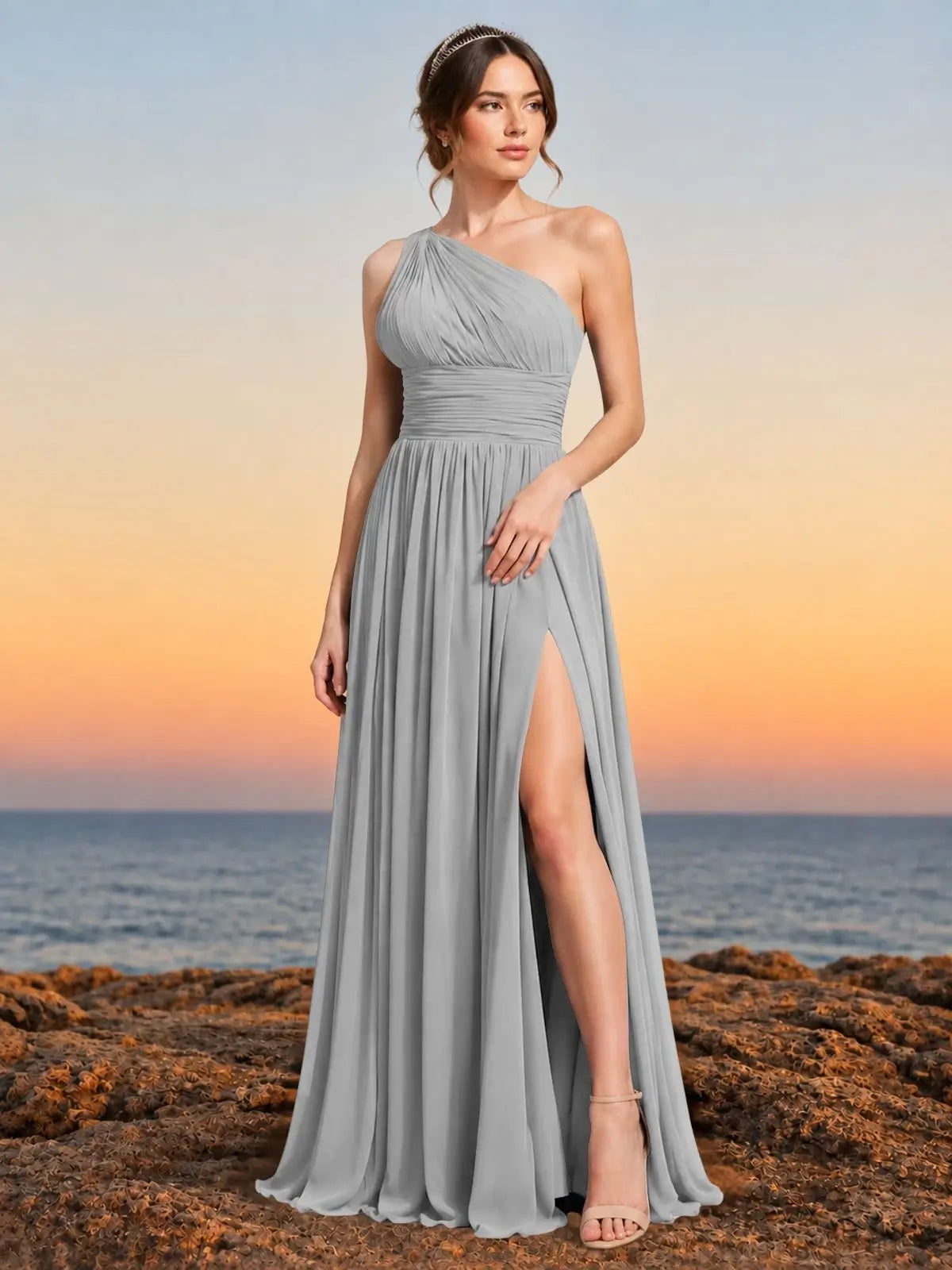 Chiffon Bridesmaid Dress with One-Shoulder Neckline 