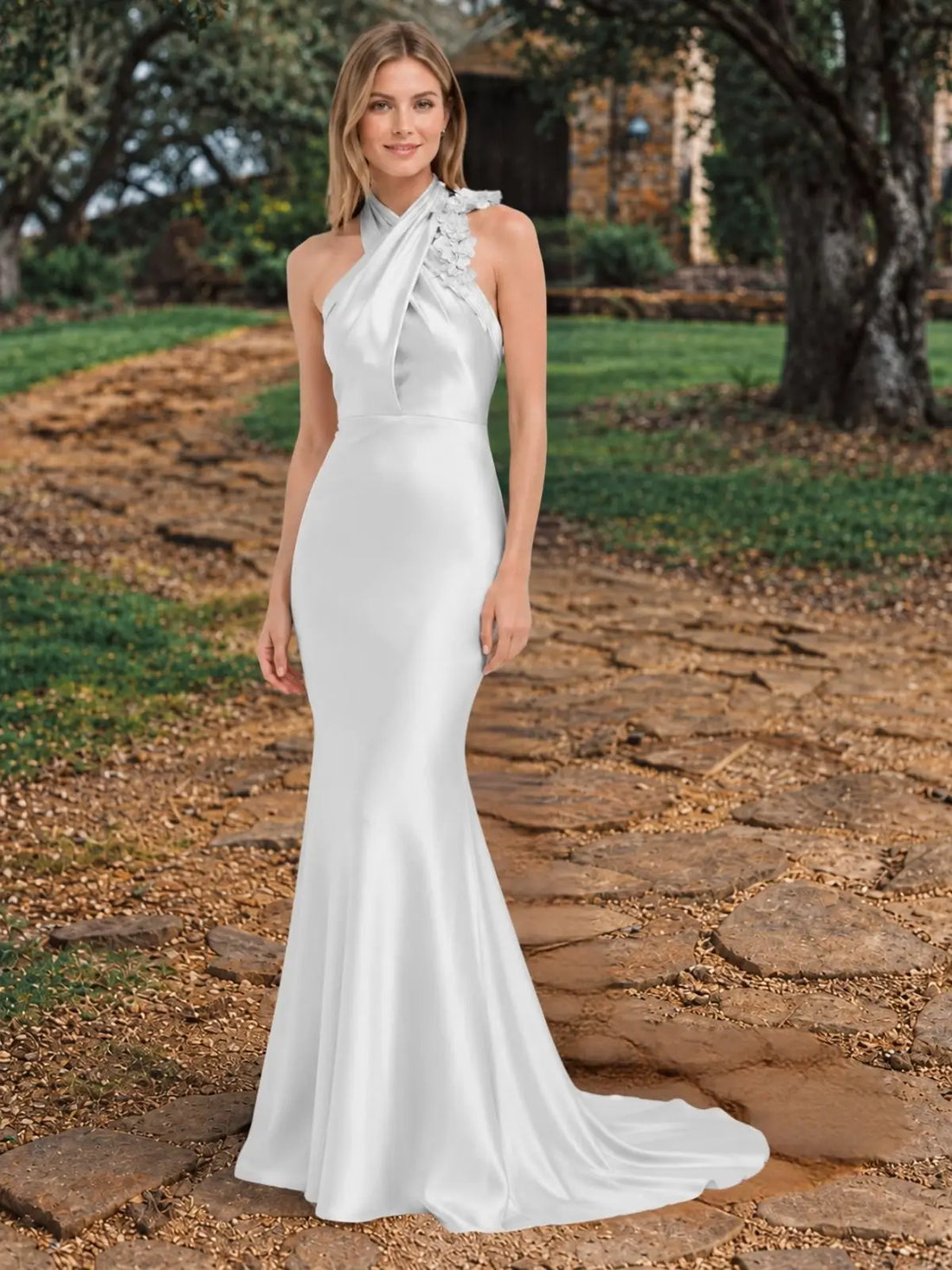 Silk-like Bridesmaid Dress with 3D Floral 