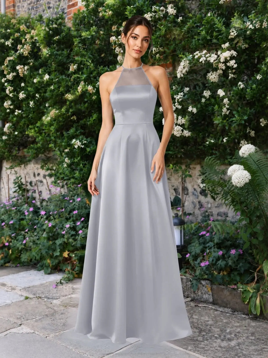 Satin Bridesmaid Dress with Illusion Halter Neck 